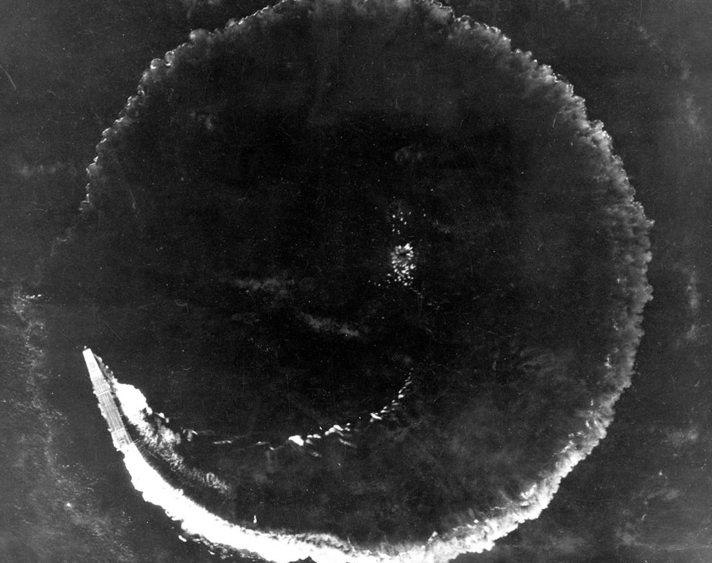 Japanese aircraft carrier Soryu circles while under high-level bombing attack by USAAF B-17 bombers from the Midway base, shortly after 8AM, 4 June 1942. This attack produced near misses, but no hits. U.S. Air Force Photograph.